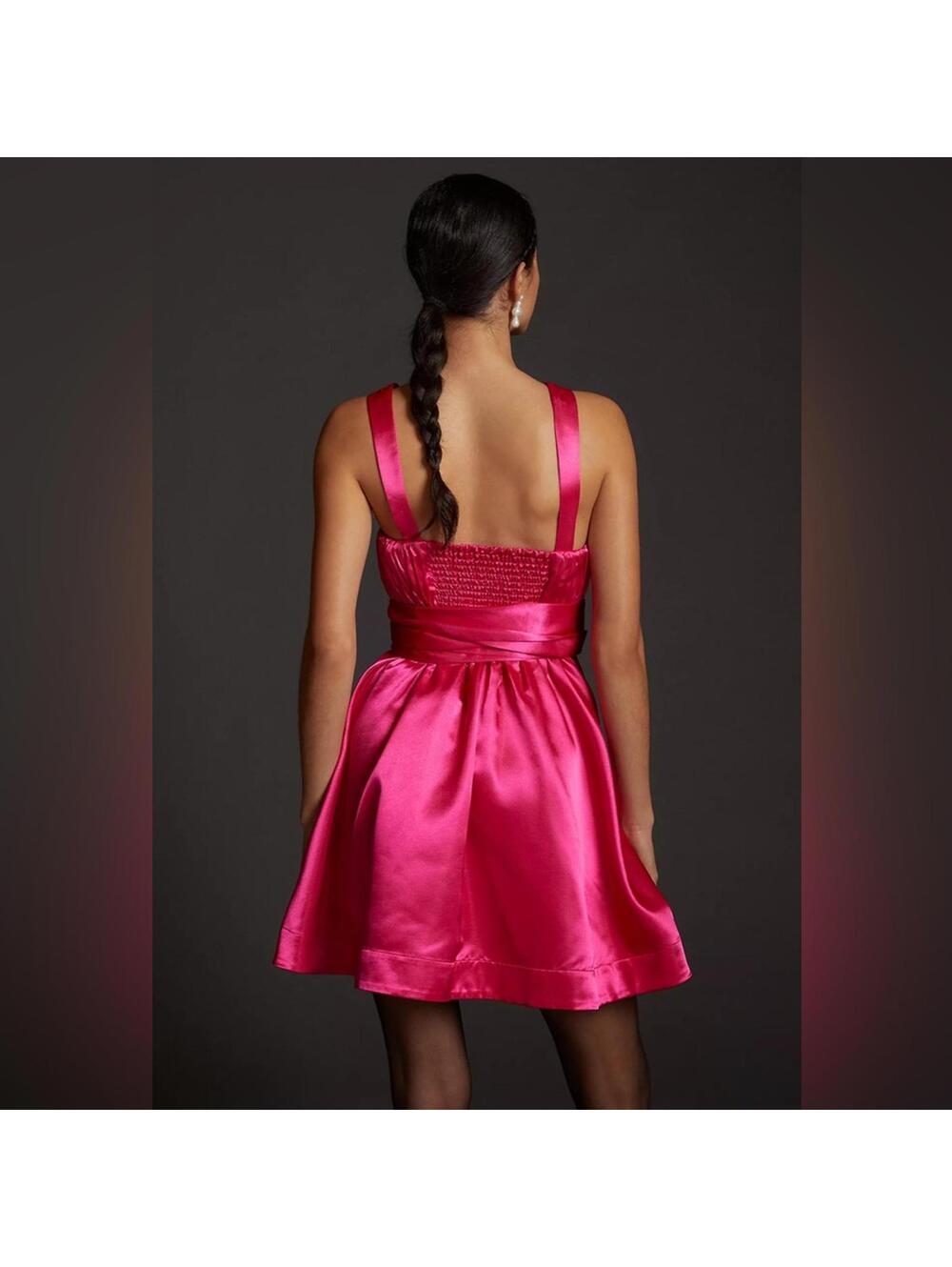 Anthropologie Maeve Hot Pink Satin Bow Mini Dress 6 Party Cocktail Barbie - Picture 3 of 9